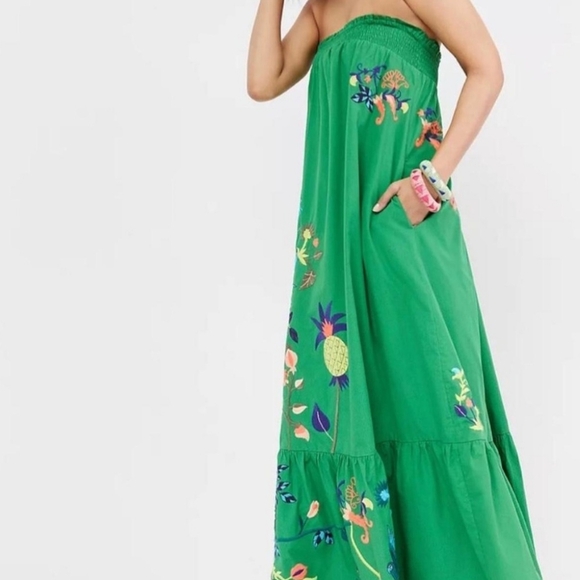 Anthropologie Dresses & Skirts - Anthropologie Strapless Embroidered Maxi Dress Green Tropical Botanical Smocked